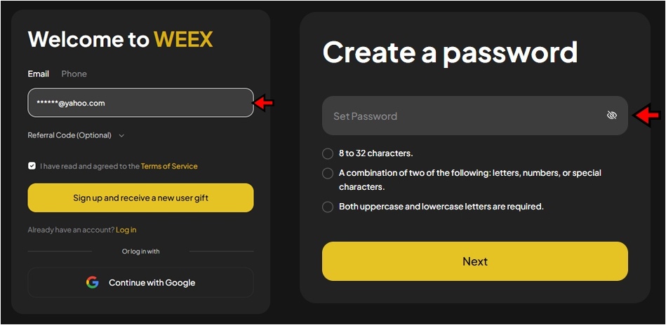 WEEX Review: Enter sign-up details